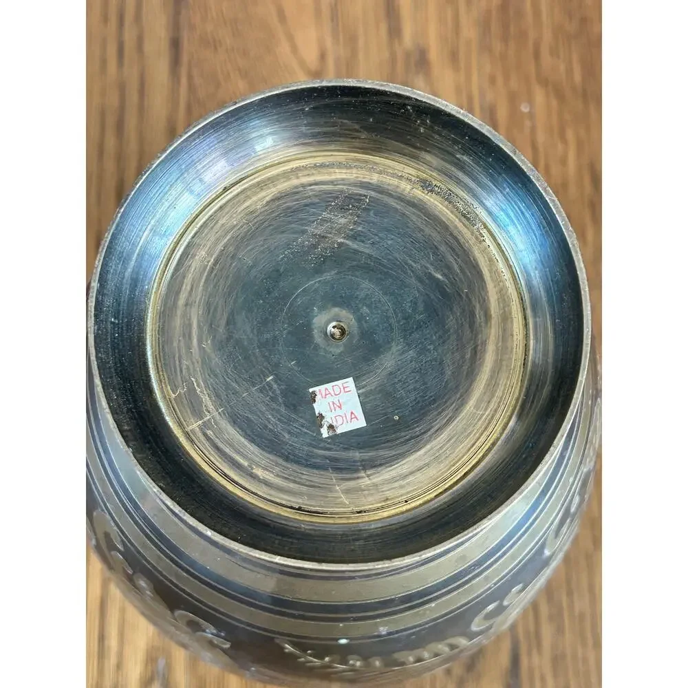 Vintage Brass Etched Vase Made in India Floral 9in